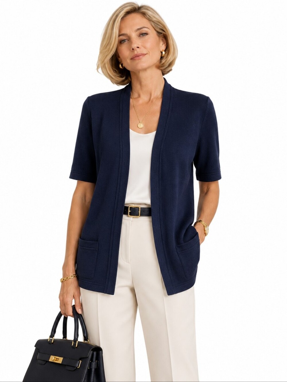 St. John Santana Knit Long Cardigan L Navy Quiet Luxury‎ Old Money Office USA